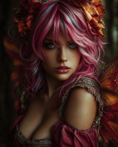 GRID THUMBNAIL — Close-up portrait of a pink-haired faerie with leaf crown, tiara and ornate dress, amber wings glowing in a shadowed forest.