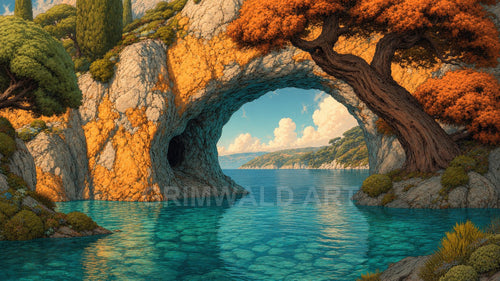 A turquoise coastal cove with a natural stone arch framed by gnarled orange-leaved trees, distant cliffs and clouds under bright daylight.