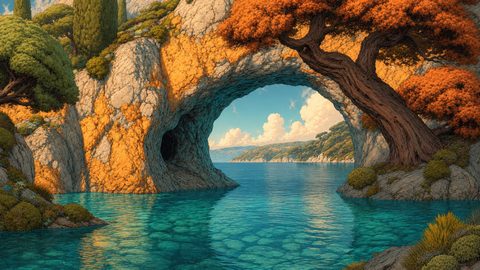 GRID THUMBNAIL — A turquoise coastal cove with a natural stone arch framed by gnarled orange-leaved trees, distant cliffs and clouds under bright daylight.