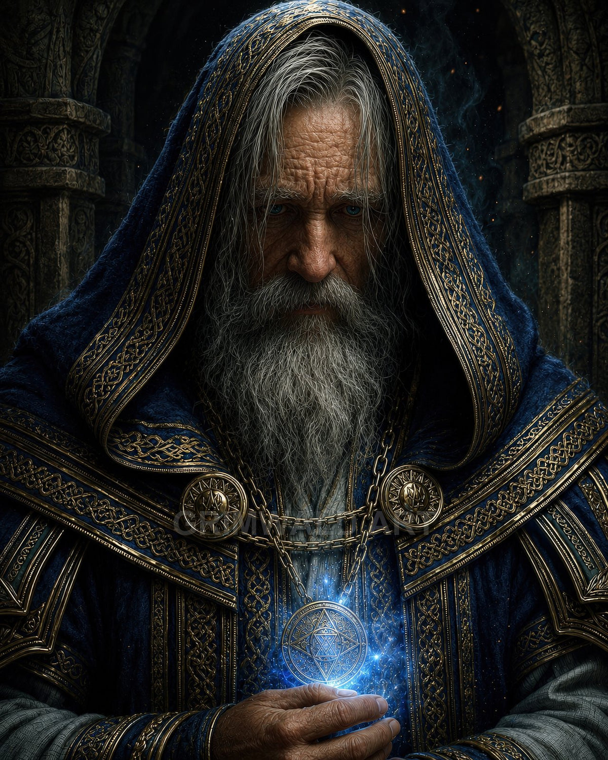 Hooded elderly wizard in ornate blue and gold robes holds a glowing sigil pendant, blue sparks drifting in a shadowed stone interior.
