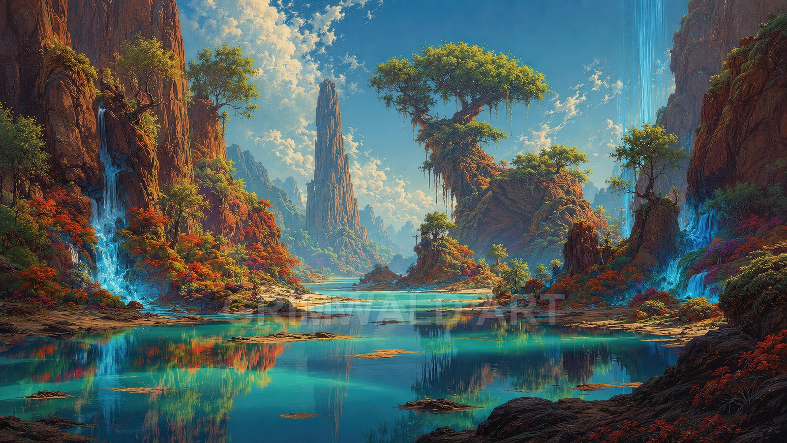 Wide fantasy valley with turquoise lakes, towering rock spires, lush red and green trees, and luminous blue waterfalls under a bright daytime sky.