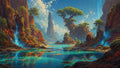 GRID THUMBNAIL — Wide fantasy valley with turquoise lakes, towering rock spires, lush red and green trees, and luminous blue waterfalls under a bright daytime sky.