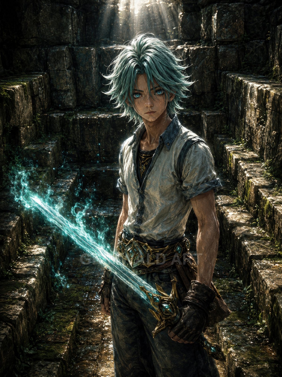 Young warrior with teal hair holds a glowing blue sword, standing on mossy stone steps in ancient ruins under shafts of sunlight.