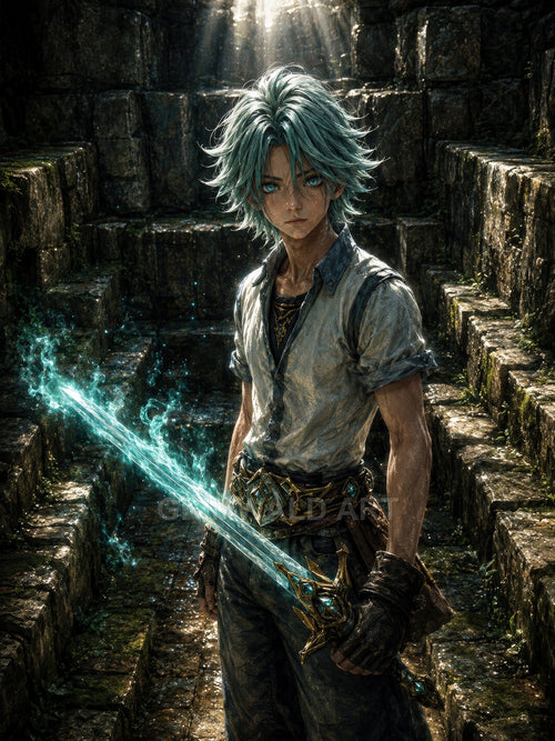 Young warrior with teal hair holds a glowing blue sword, standing on mossy stone steps in ancient ruins under shafts of sunlight.