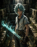 GRID THUMBNAIL — Young warrior with teal hair holds a glowing blue sword, standing on mossy stone steps in ancient ruins under shafts of sunlight.