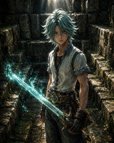 GRID THUMBNAIL — Young warrior with teal hair holds a glowing blue sword, standing on mossy stone steps in ancient ruins under shafts of sunlight.