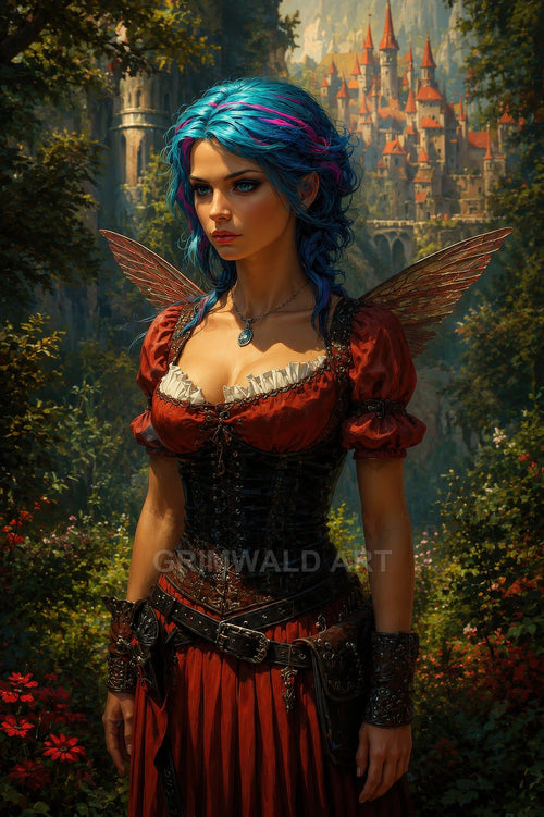 Blue-haired fairy woman with translucent wings in a red corseted dress stands in a sunlit forest with a distant turreted castle.