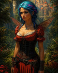 GRID THUMBNAIL — Blue-haired fairy woman with translucent wings in a red corseted dress stands in a sunlit forest with a distant turreted castle.
