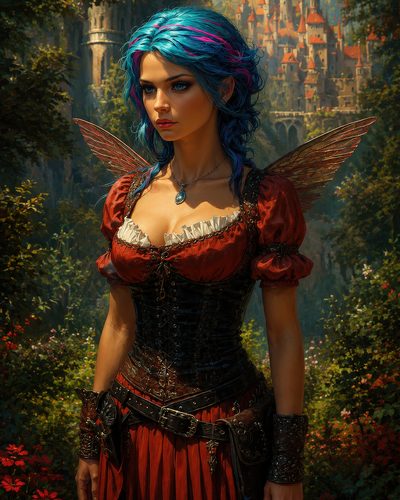 GRID THUMBNAIL — Blue-haired fairy woman with translucent wings in a red corseted dress stands in a sunlit forest with a distant turreted castle.