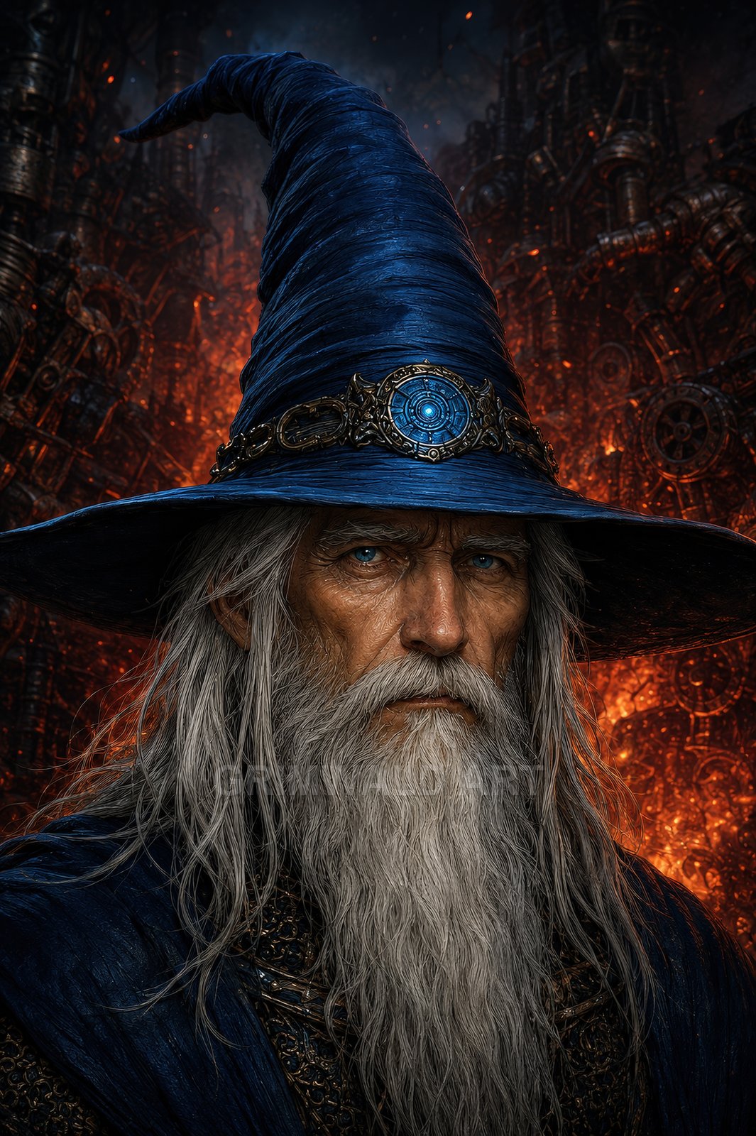 Close-up portrait of an elderly wizard with a long white beard and blue pointed hat bearing a glowing emblem, before fiery steampunk machinery.