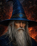GRID THUMBNAIL — Close-up portrait of an elderly wizard with a long white beard and blue pointed hat bearing a glowing emblem, before fiery steampunk machinery.