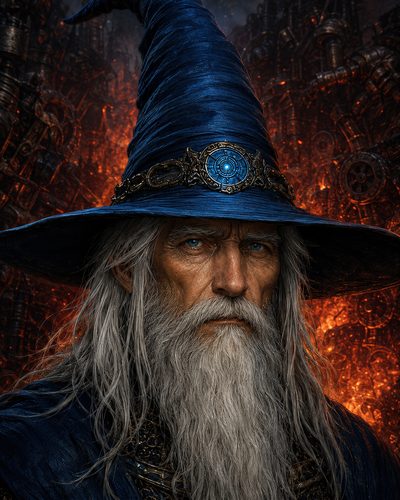 GRID THUMBNAIL — Close-up portrait of an elderly wizard with a long white beard and blue pointed hat bearing a glowing emblem, before fiery steampunk machinery.