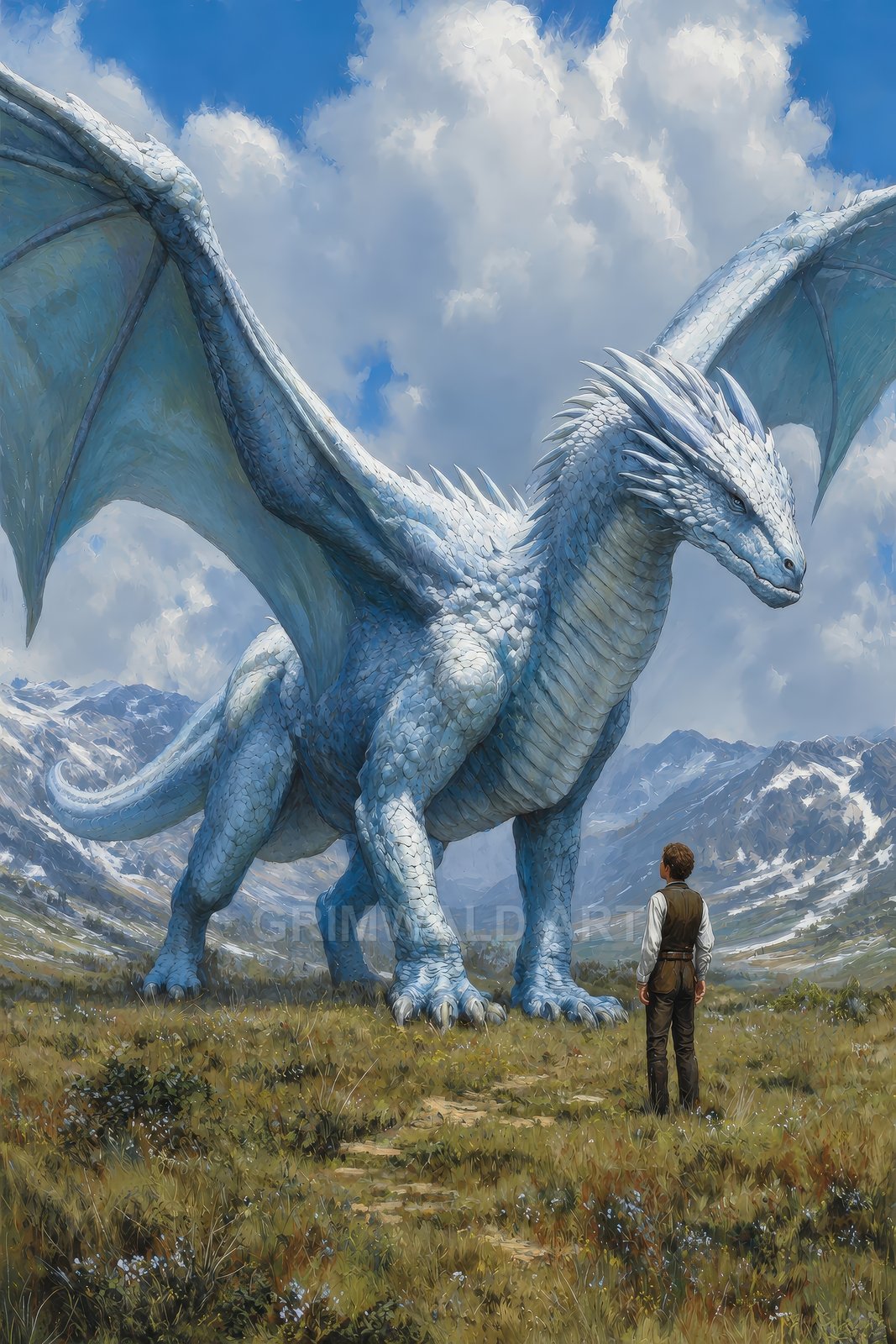 A massive blue-scaled dragon stands in a mountain meadow, wings spread, facing a solitary human figure under bright daylight and billowing clouds.