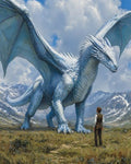GRID THUMBNAIL — A massive blue-scaled dragon stands in a mountain meadow, wings spread, facing a solitary human figure under bright daylight and billowing clouds.