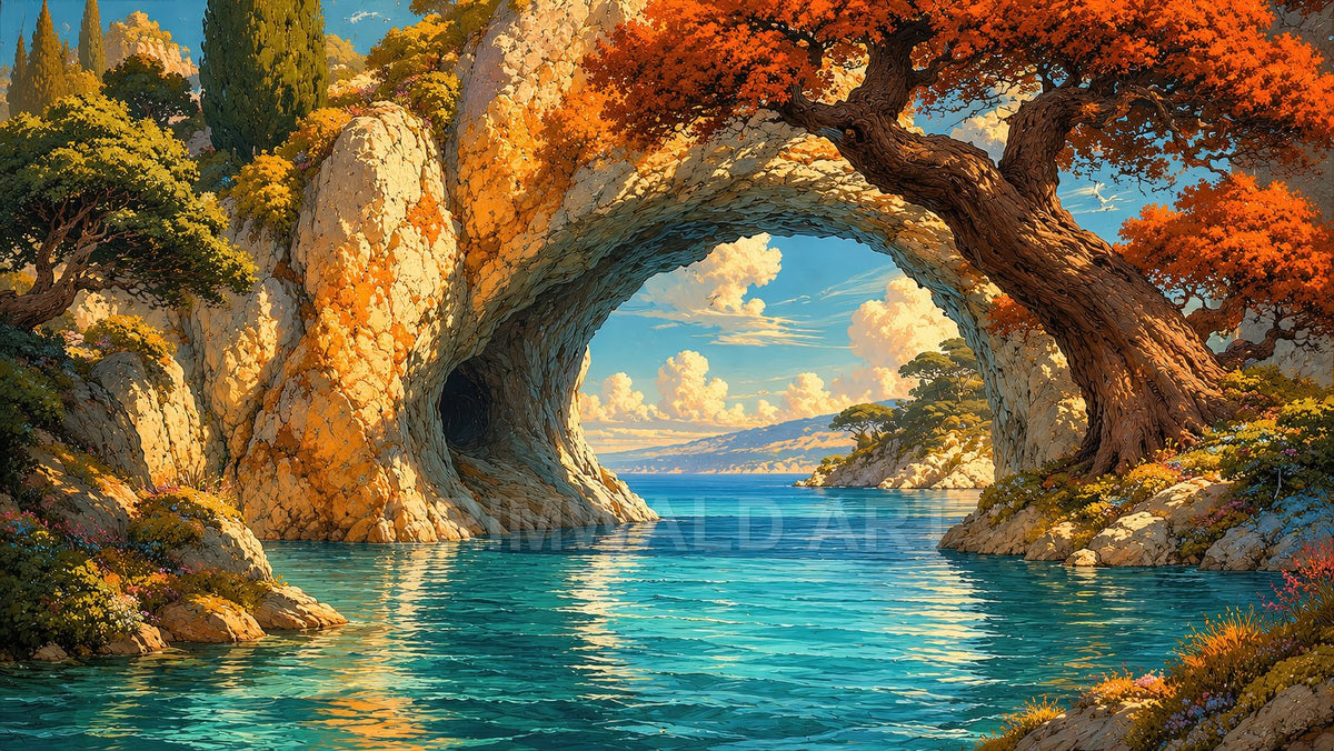 Fantasy coastal scene with a natural rock arch over turquoise water, orange-leaved trees, cypress cliffs, and distant clouds under warm sunlight.