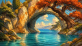 GRID THUMBNAIL — Fantasy coastal scene with a natural rock arch over turquoise water, orange-leaved trees, cypress cliffs, and distant clouds under warm sunlight.