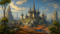 GRID THUMBNAIL — Elaborate spired castle with blue glows crowns a rocky hill, ringed by jagged mountains above orange wetlands and a reflective lake at golden hour.