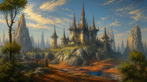 GRID THUMBNAIL — Elaborate spired castle with blue glows crowns a rocky hill, ringed by jagged mountains above orange wetlands and a reflective lake at golden hour.