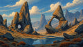 GRID THUMBNAIL — Surreal rocky landscape of towering spires and natural stone arches reflected in a calm mountain pool under a blue sky with scattered clouds.
