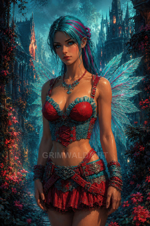 Blue-haired fairy with crystal wings in red and teal attire stands in a flowered gothic castle garden at twilight, warm lights glowing behind.