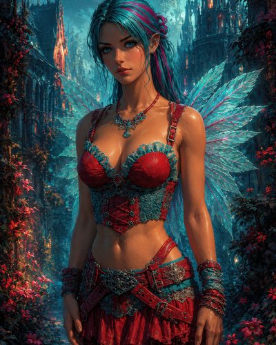 GRID THUMBNAIL — Blue-haired fairy with crystal wings in red and teal attire stands in a flowered gothic castle garden at twilight, warm lights glowing behind.