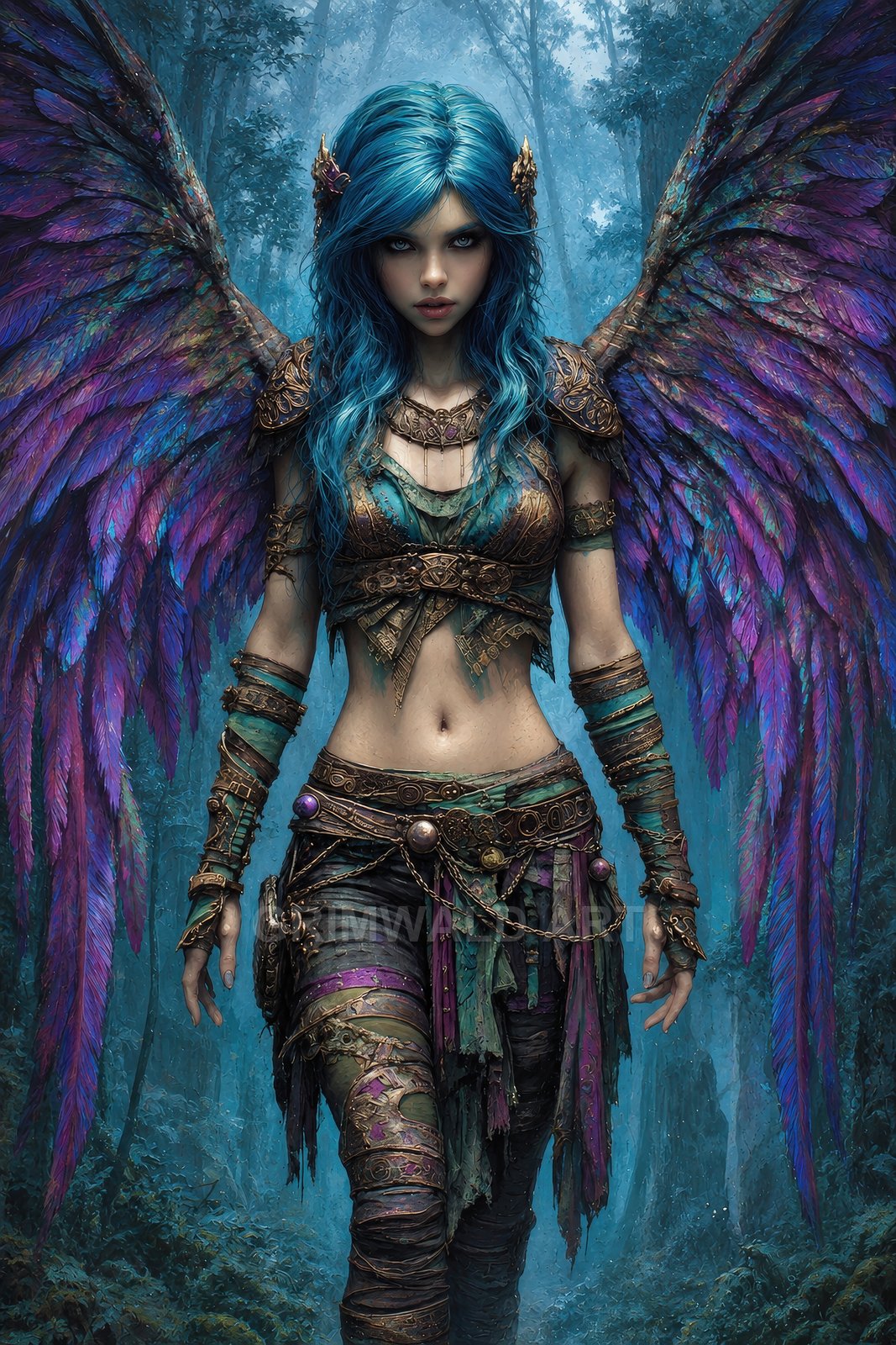 Blue-haired winged fae woman in ornate armour walks through a misty forest, vibrant purple and teal feathers spread wide behind her.