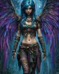 GRID THUMBNAIL — Blue-haired winged fae woman in ornate armour walks through a misty forest, vibrant purple and teal feathers spread wide behind her.