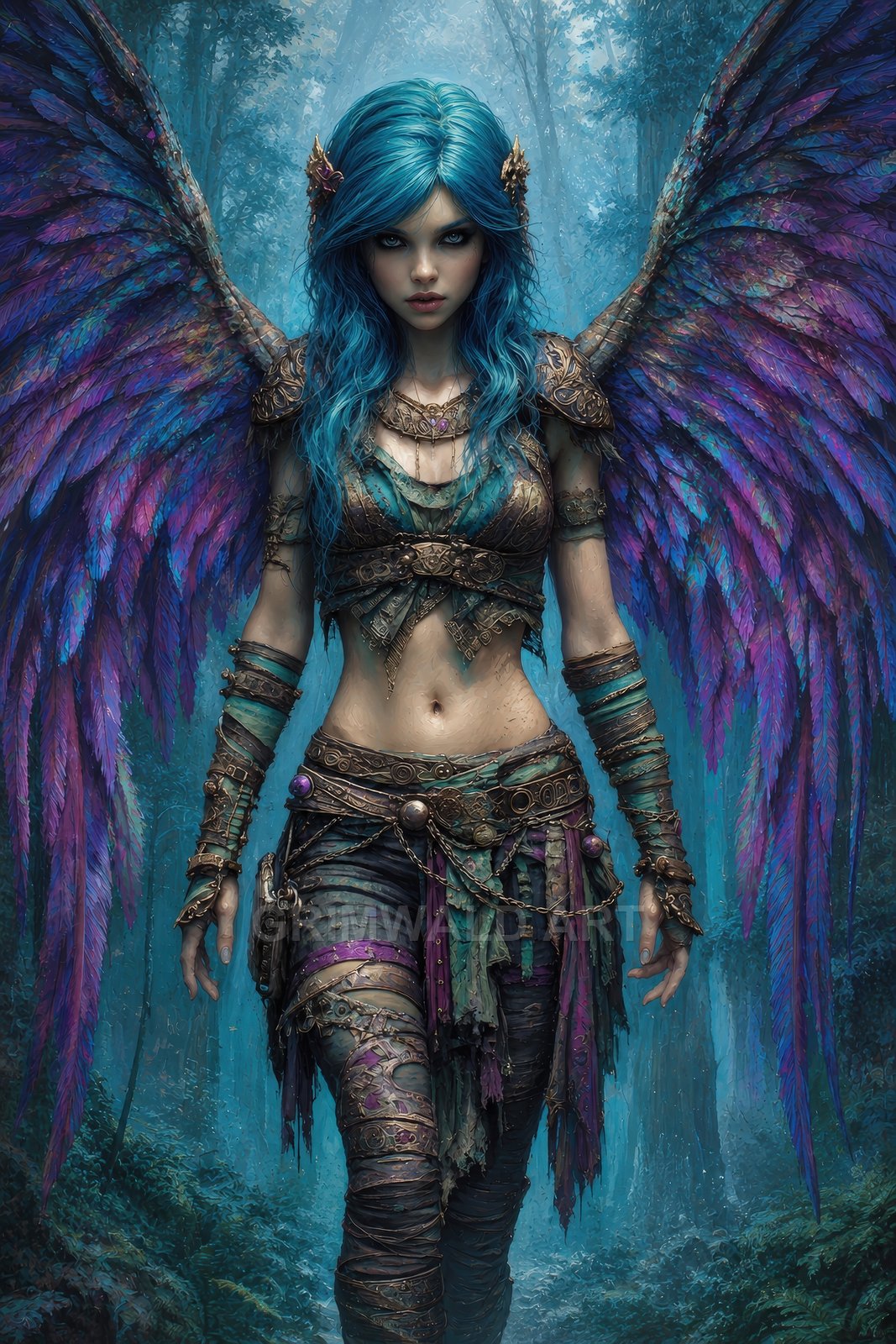Blue-haired winged female figure with ornate armour and purple-teal feathers stands in a misty forest, staring forward with intense gaze.