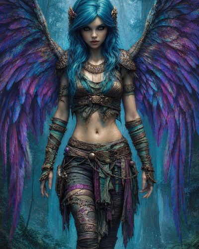 GRID THUMBNAIL — Blue-haired winged female figure with ornate armour and purple-teal feathers stands in a misty forest, staring forward with intense gaze.