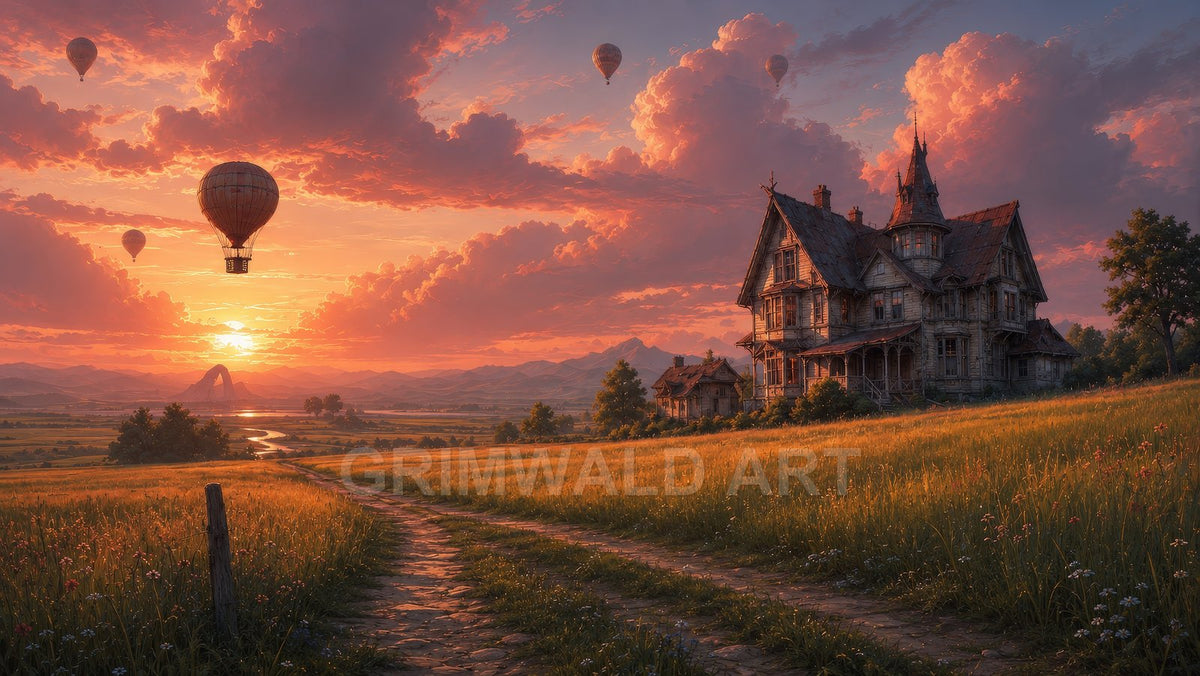 A weathered Victorian manor overlooks golden meadows as hot air balloons drift across a glowing sunset sky above a winding river and distant mountains.