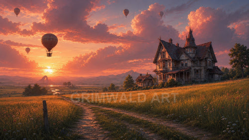 A weathered Victorian manor overlooks golden meadows as hot air balloons drift across a glowing sunset sky above a winding river and distant mountains.
