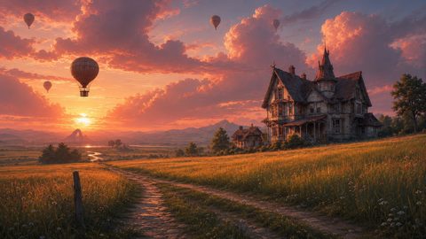 GRID THUMBNAIL — A weathered Victorian manor overlooks golden meadows as hot air balloons drift across a glowing sunset sky above a winding river and distant mountains.