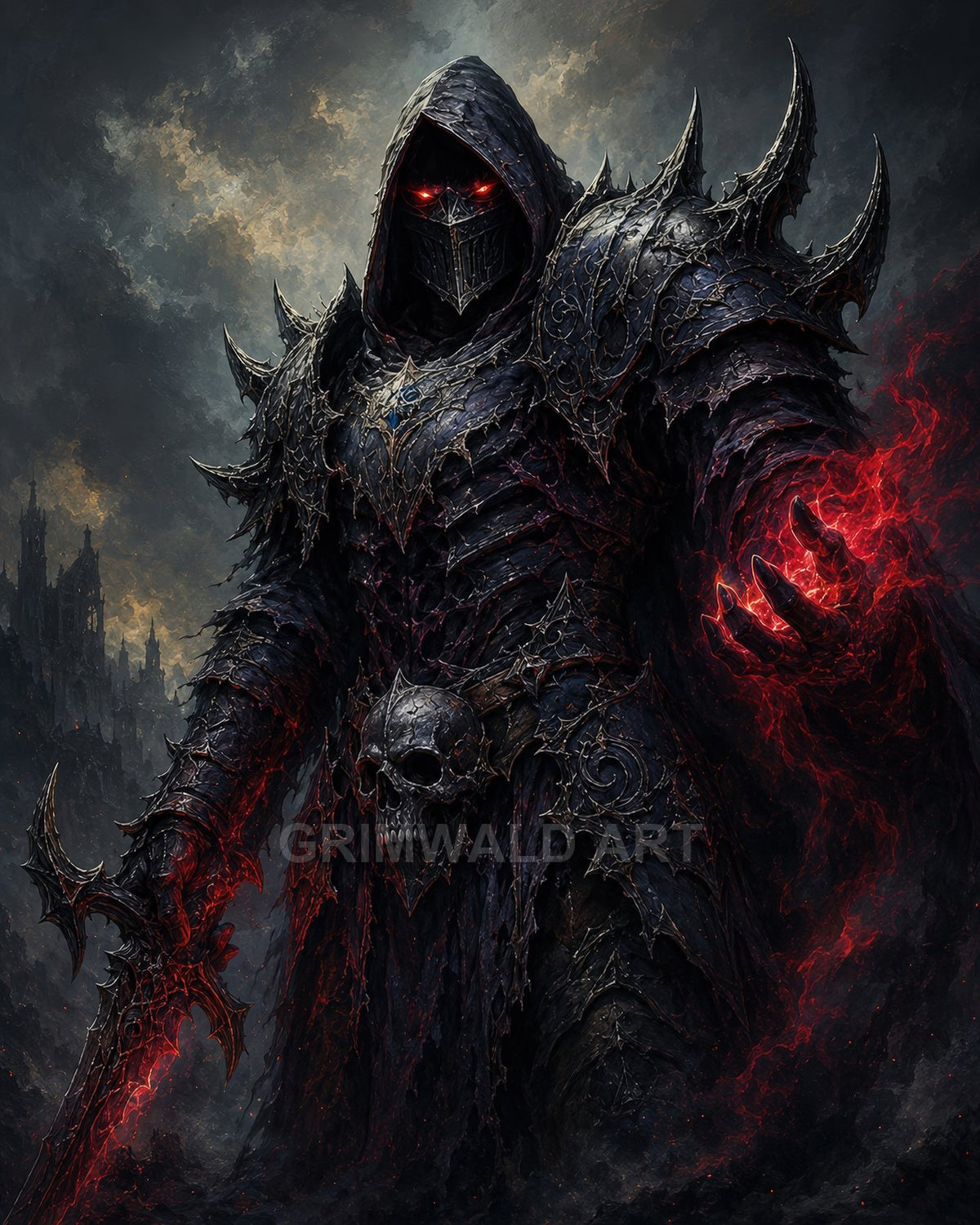 Armoured hooded knight with glowing red eyes holds a jagged sword and conjures red magic, standing before distant ruined gothic towers at night.