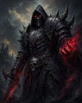 GRID THUMBNAIL — Armoured hooded knight with glowing red eyes holds a jagged sword and conjures red magic, standing before distant ruined gothic towers at night.