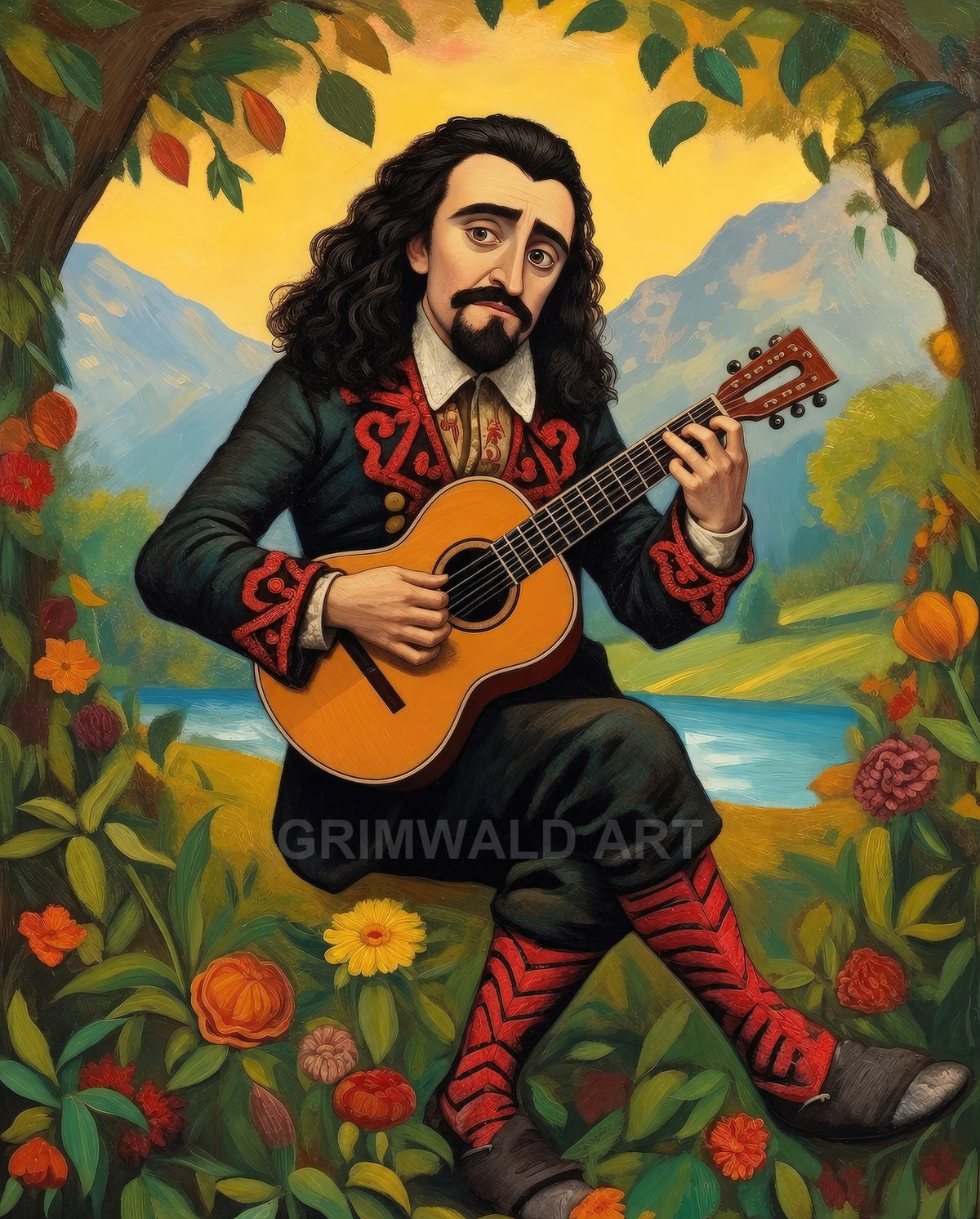 A long-haired male bard in an ornate embroidered jacket plays an acoustic guitar among bright flowers, trees, and mountains under a warm golden sky.