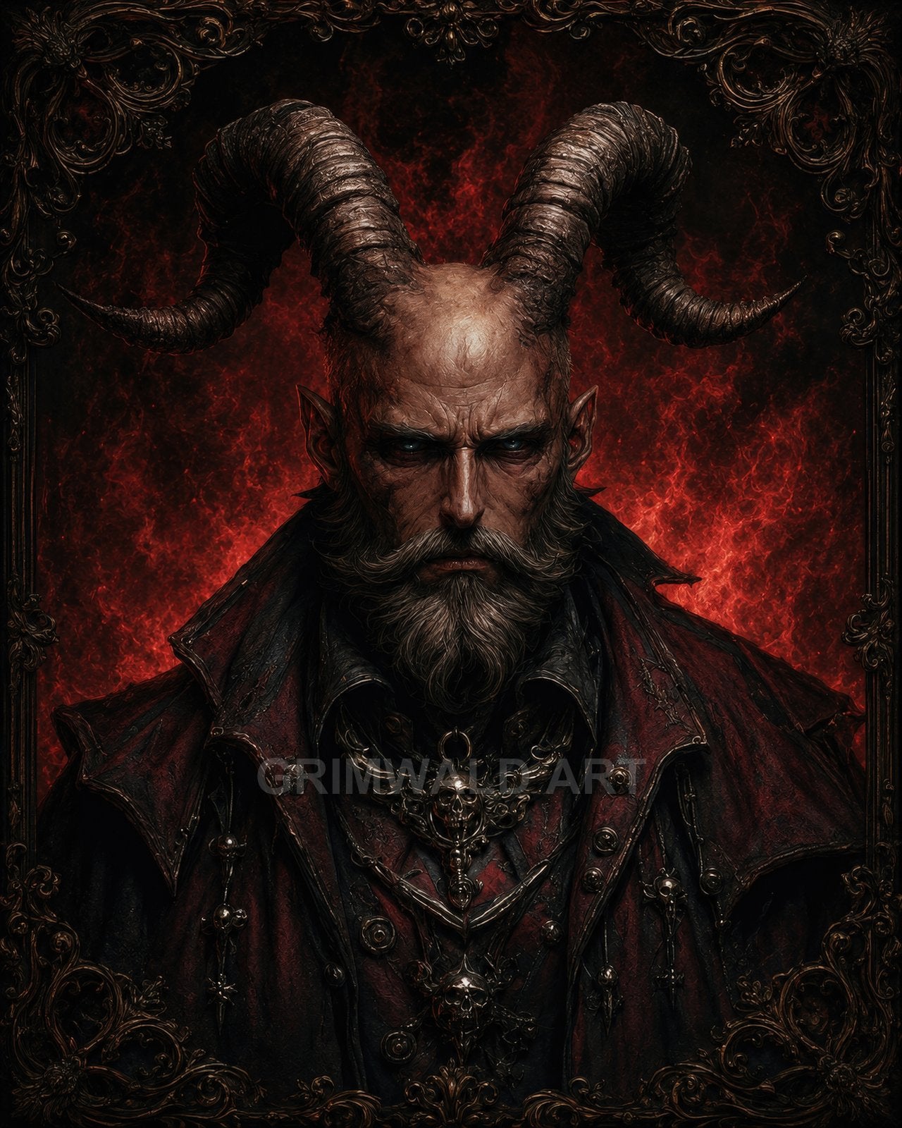 Gothic portrait of a horned male demon in red and black, with skull jewellery, framed by baroque ornament and a fiery red backdrop.