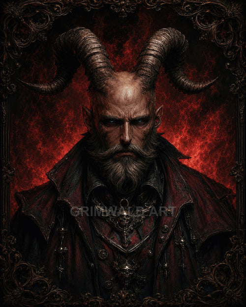 Gothic portrait of a horned male demon in red and black, with skull jewellery, framed by baroque ornament and a fiery red backdrop.