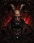 GRID THUMBNAIL — Gothic portrait of a horned male demon in red and black, with skull jewellery, framed by baroque ornament and a fiery red backdrop.