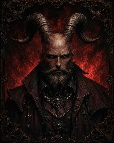 GRID THUMBNAIL — Gothic portrait of a horned male demon in red and black, with skull jewellery, framed by baroque ornament and a fiery red backdrop.