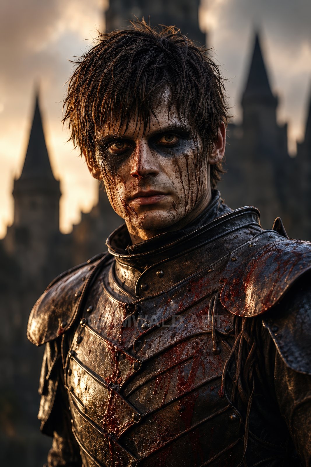 Close-up of a battle-worn knight in blood-splattered plate armour with dark warpaint, standing before blurred gothic castle spires at golden hour.