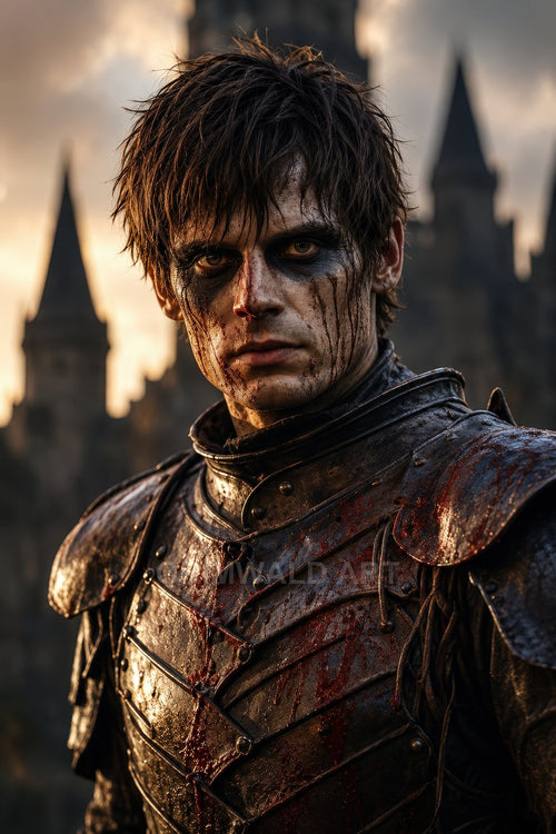 Close-up of a battle-worn knight in blood-splattered plate armour with dark warpaint, standing before blurred gothic castle spires at golden hour.