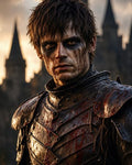 GRID THUMBNAIL — Close-up of a battle-worn knight in blood-splattered plate armour with dark warpaint, standing before blurred gothic castle spires at golden hour.