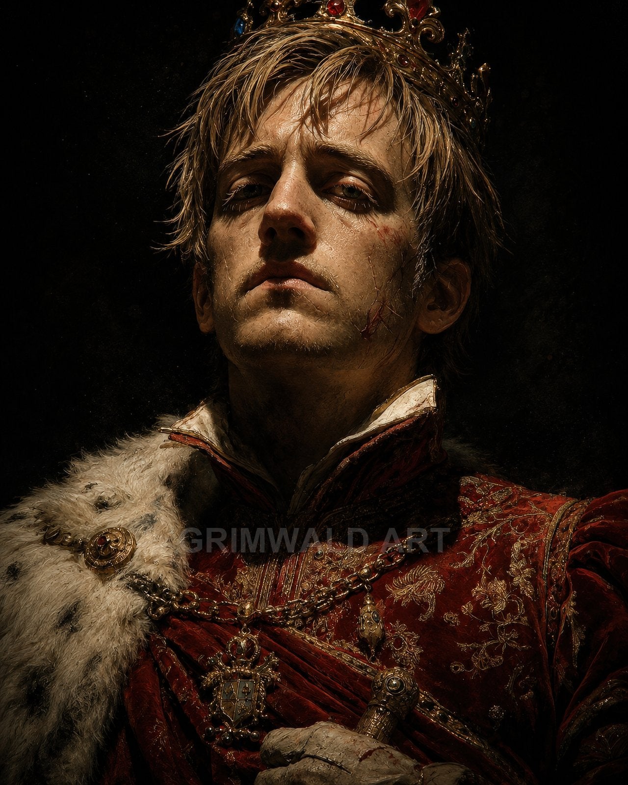 Close-up portrait of a young male king wearing a jewelled crown and red embroidered robes, battle-scarred, dramatic warm light against a dark background.