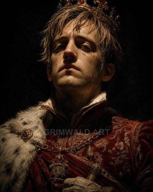 Close-up portrait of a young male king wearing a jewelled crown and red embroidered robes, battle-scarred, dramatic warm light against a dark background.