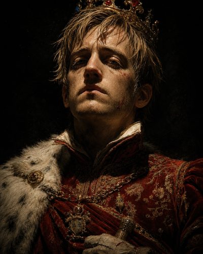 GRID THUMBNAIL — Close-up portrait of a young male king wearing a jewelled crown and red embroidered robes, battle-scarred, dramatic warm light against a dark background.