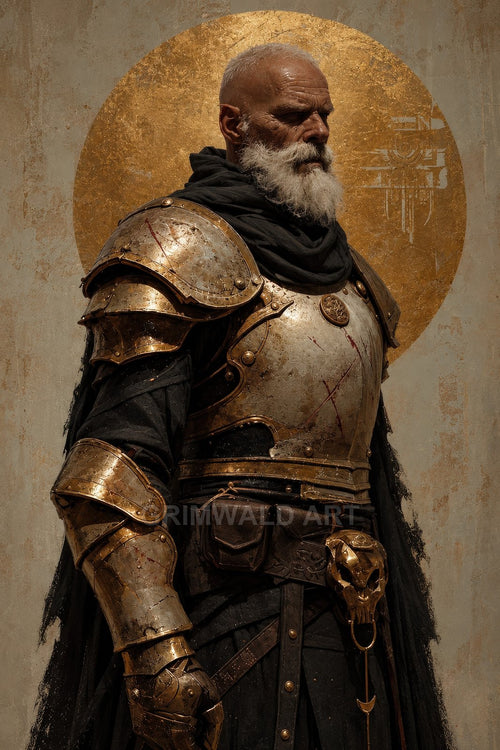Elderly bearded knight in tarnished gold plate armour and dark cloak stands before a circular golden halo, grim and battle-scarred.