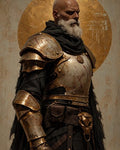 GRID THUMBNAIL — Elderly bearded knight in tarnished gold plate armour and dark cloak stands before a circular golden halo, grim and battle-scarred.
