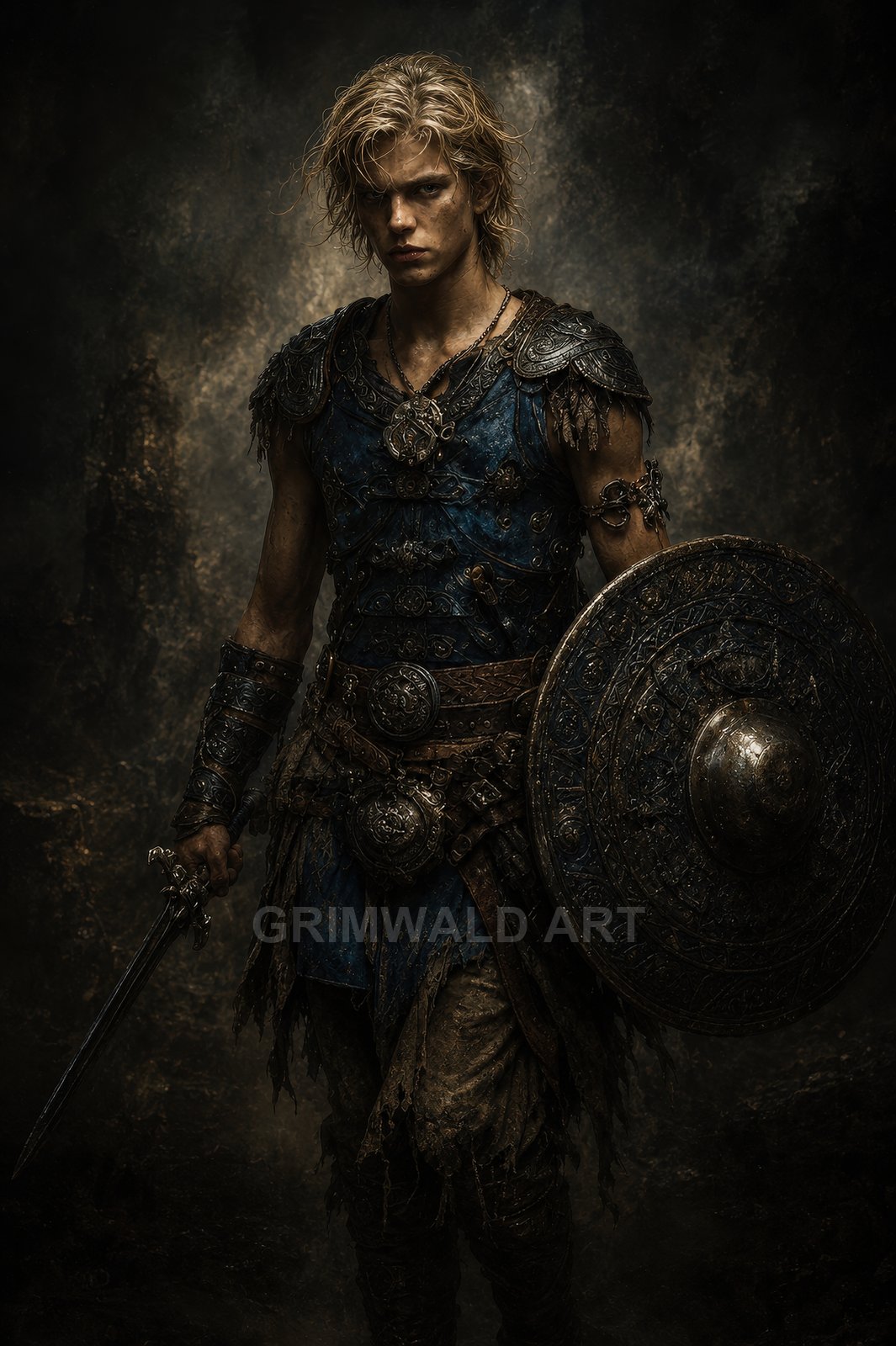Young male warrior in blue, weathered armour holding a sword and ornate round shield, standing against a dark, smoky background.