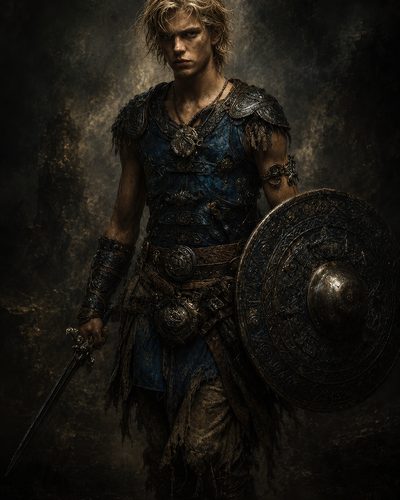 GRID THUMBNAIL — Young male warrior in blue, weathered armour holding a sword and ornate round shield, standing against a dark, smoky background.