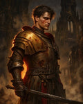 GRID THUMBNAIL — Armoured knight with bloodstained golden pauldrons holds a sword before gothic ruins, backlit by fiery glow, brooding expression, dark fantasy atmosphere.